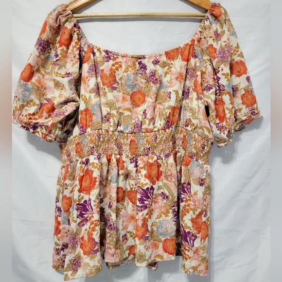 Torrid Georgette Floral Eyelet Smocked Boho Flouncy Milkmaid Coquette Blouse - Picture 12 of 14